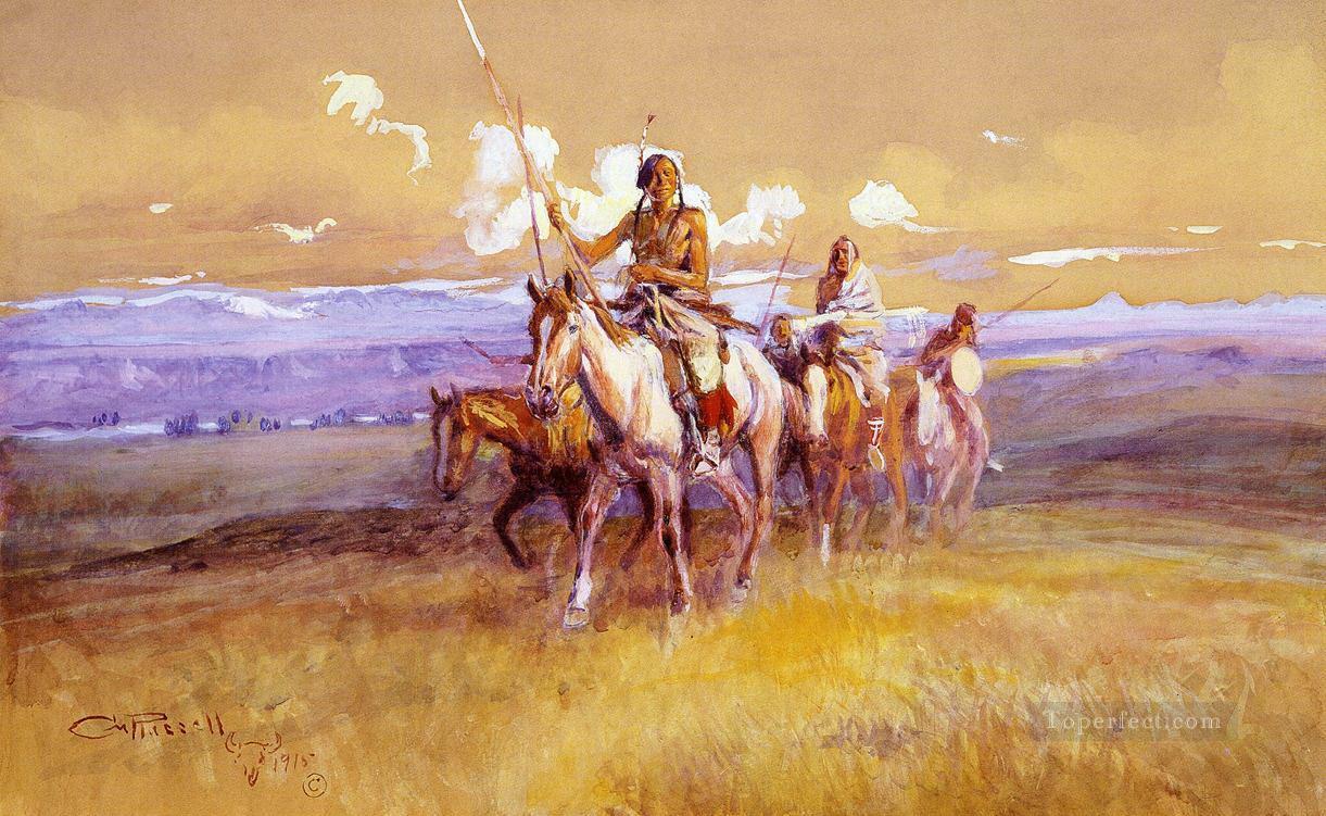 インディアンパーティー 1915年 チャールズ・マリオン・ラッセル アメリカ・インディアン油絵
